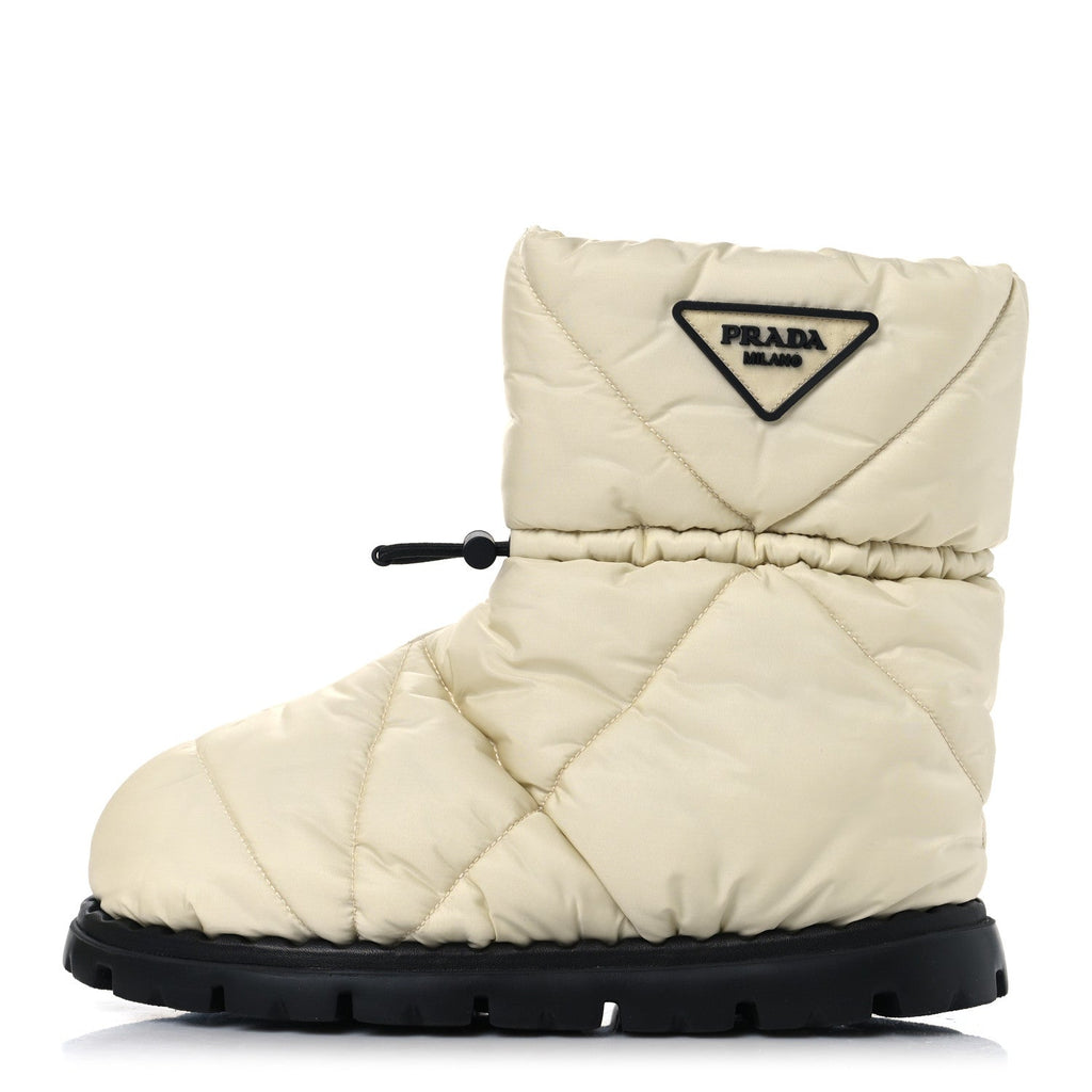 Prada Re-Nylon Piuma Triangle Logo Padded Drawcord 20mm Snow Boots 37 Avorio