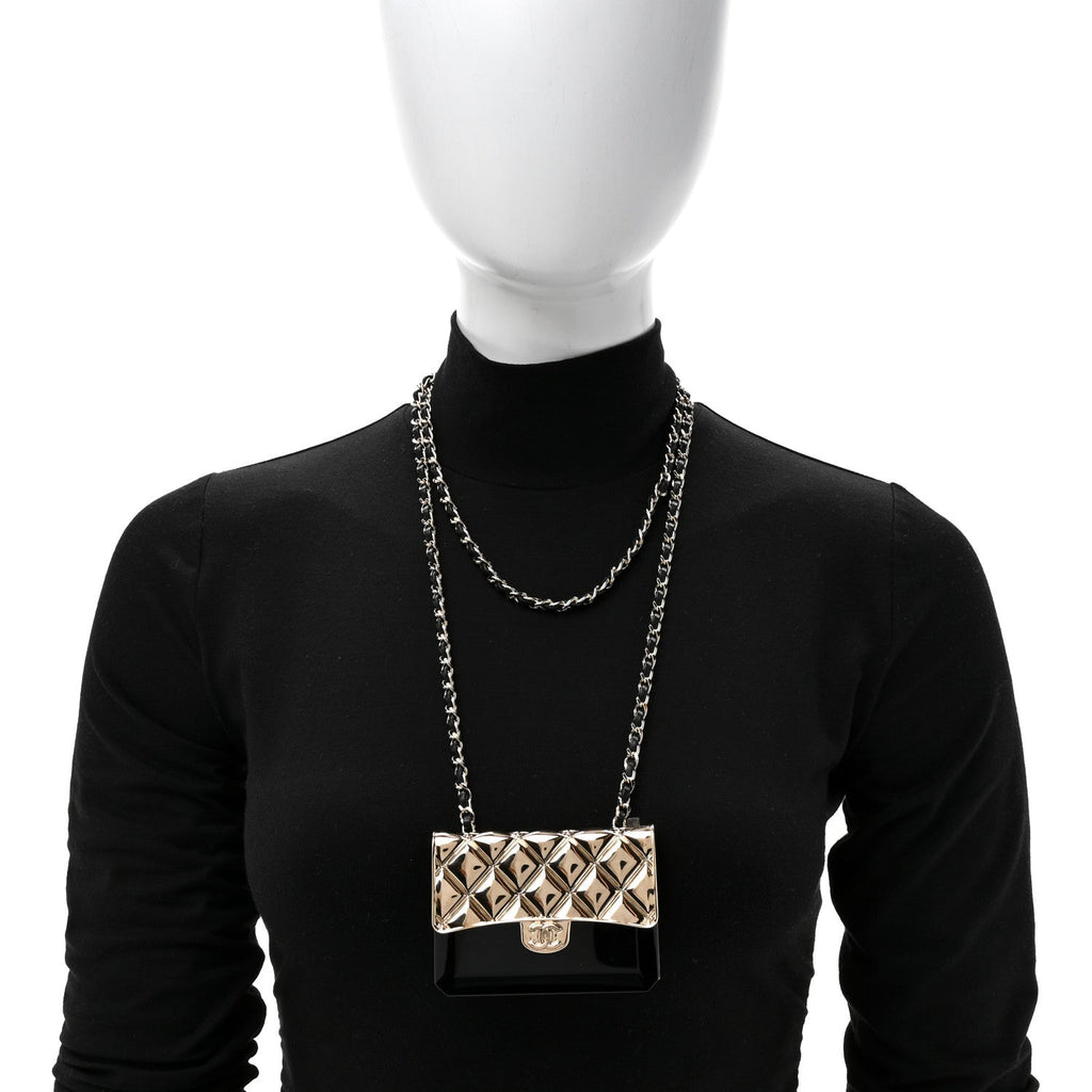 Chanel Metal Resin Lambskin Flap Bag Long Necklace Gold Black
