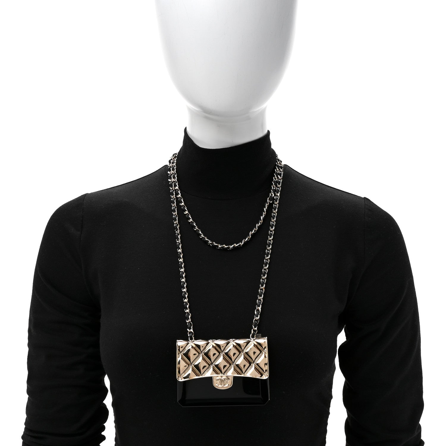 Chanel Metal Resin Lambskin Flap Bag Long Necklace Gold Black