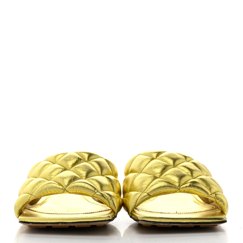 Bottega Veneta Metallic Nappa Reflection Matelasse Padded Kitten Heel Mule Sandals 39 Gold