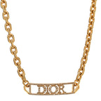 Christian Dior Metal Crystal Logo Chain Choker Necklace Gold