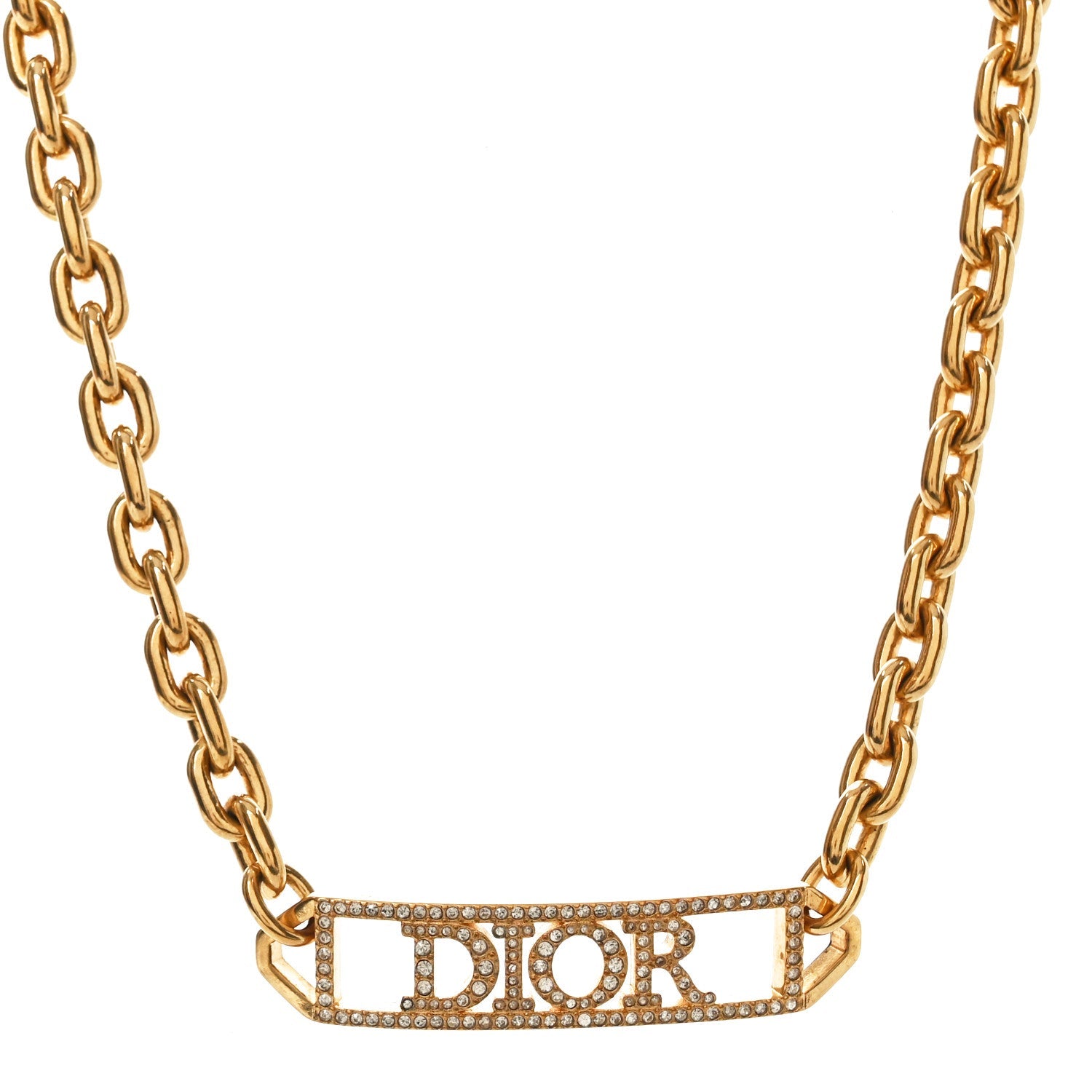 Christian Dior Metal Crystal Logo Chain Choker Necklace Gold