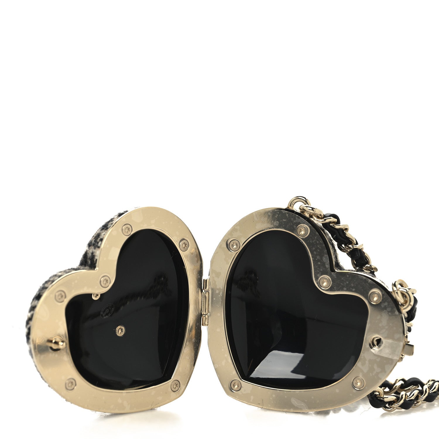 Chanel Tweed Lambskin CC Heart Locket Necklace Gold Black Beige
