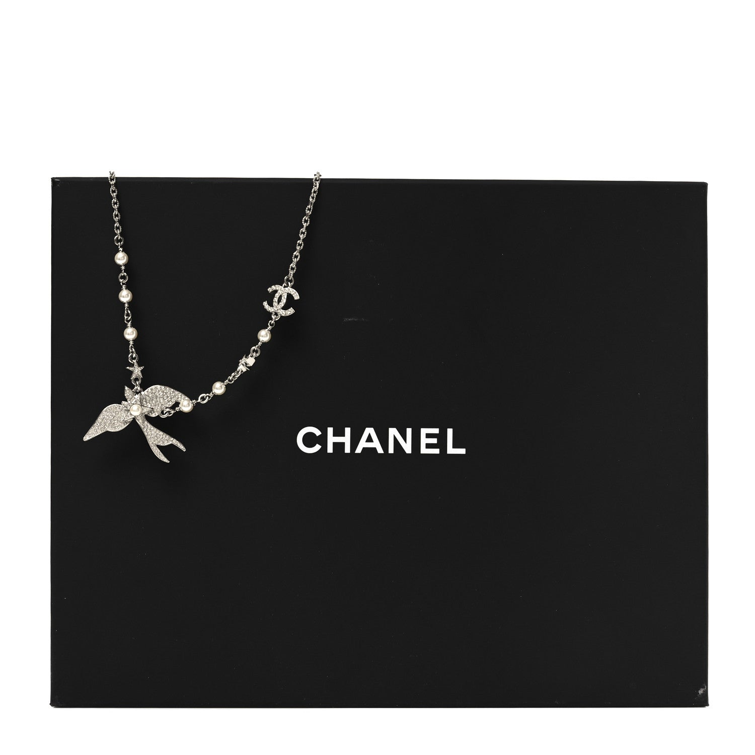 Chanel Pearl Crystal CC Star Bird Necklace Silver Pearly White