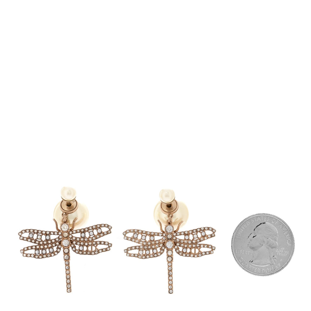 Christian Dior Crystal Pearl Dragonfly Drop Earrings White