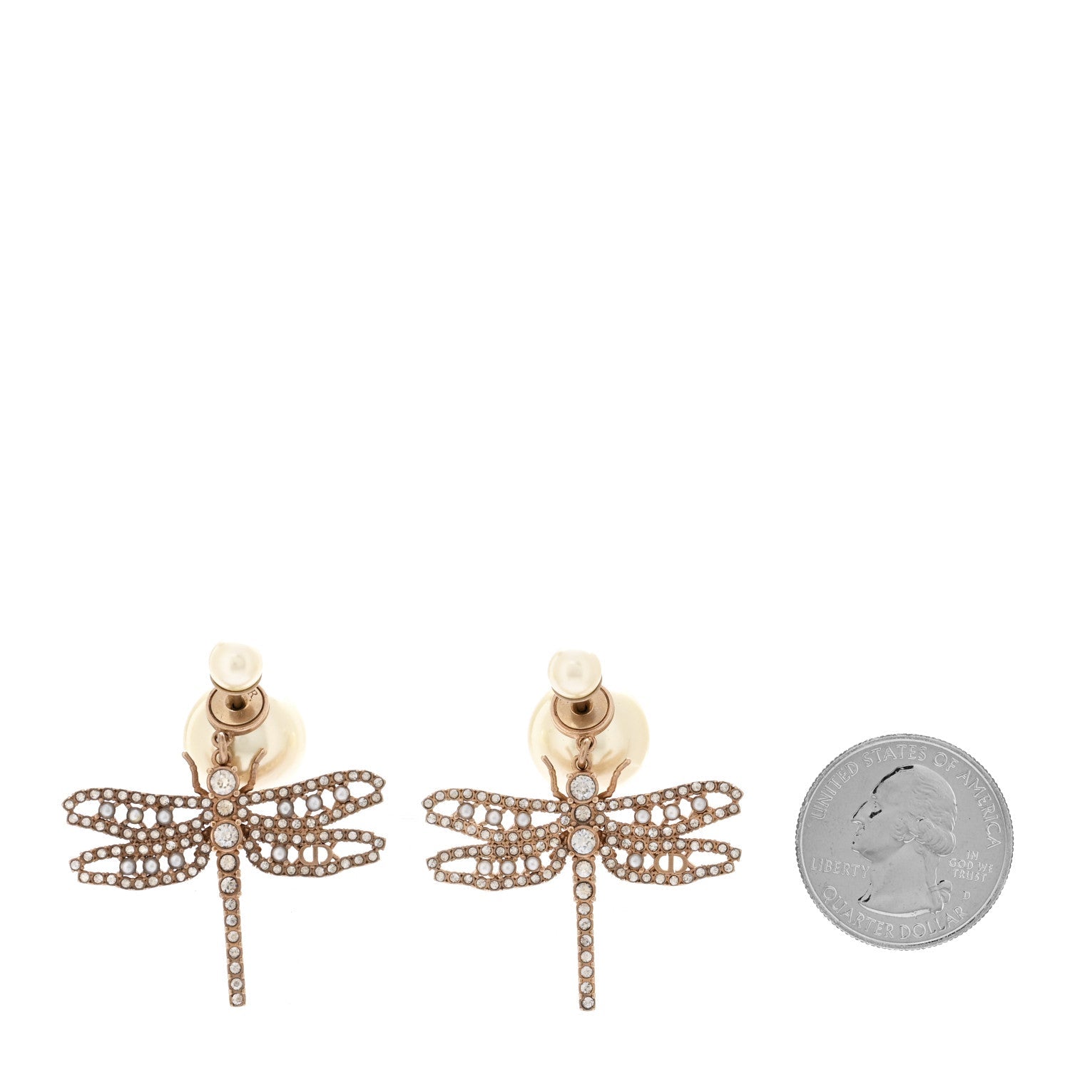 Christian Dior Crystal Pearl Dragonfly Drop Earrings White