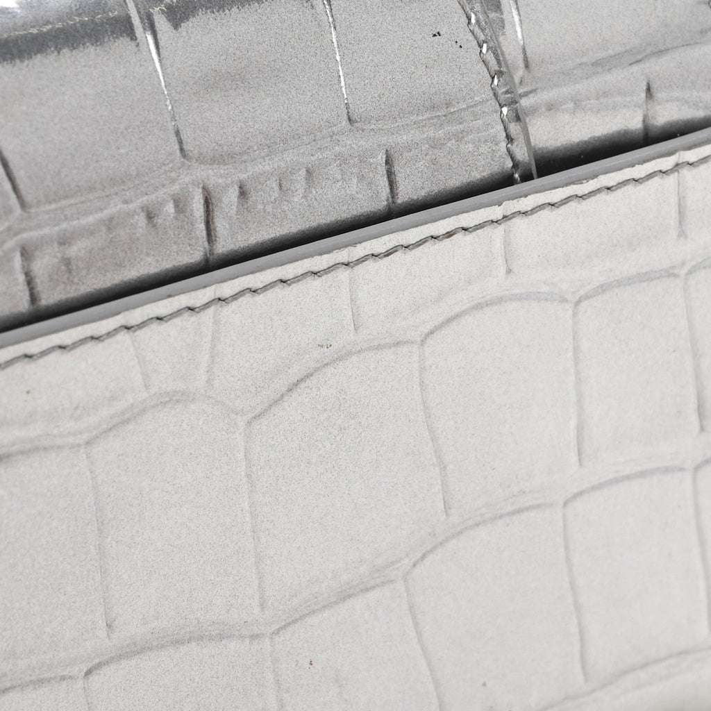 Balenciaga Metallic Calfskin Crocodile Embossed Hourglass Chain Cardholder Silver