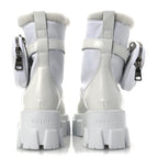 Prada Spazzolato Rois Nylon Shearling Metal Triangle Logo Monolith Pouch Pocket 55mm Boots 35.5 White