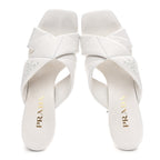Prada Nappa Logo Quilted Crisscross 65mm Block Heel Slide Sandals 39.5 White