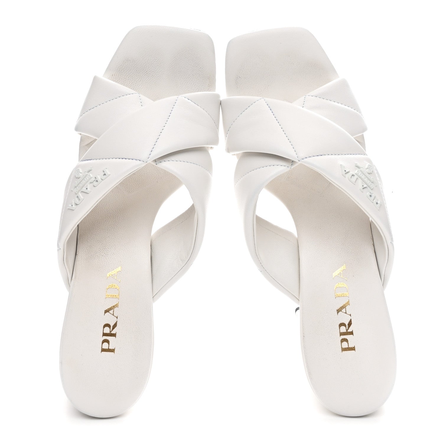 Prada Nappa Logo Quilted Crisscross 65mm Block Heel Slide Sandals 39.5 White