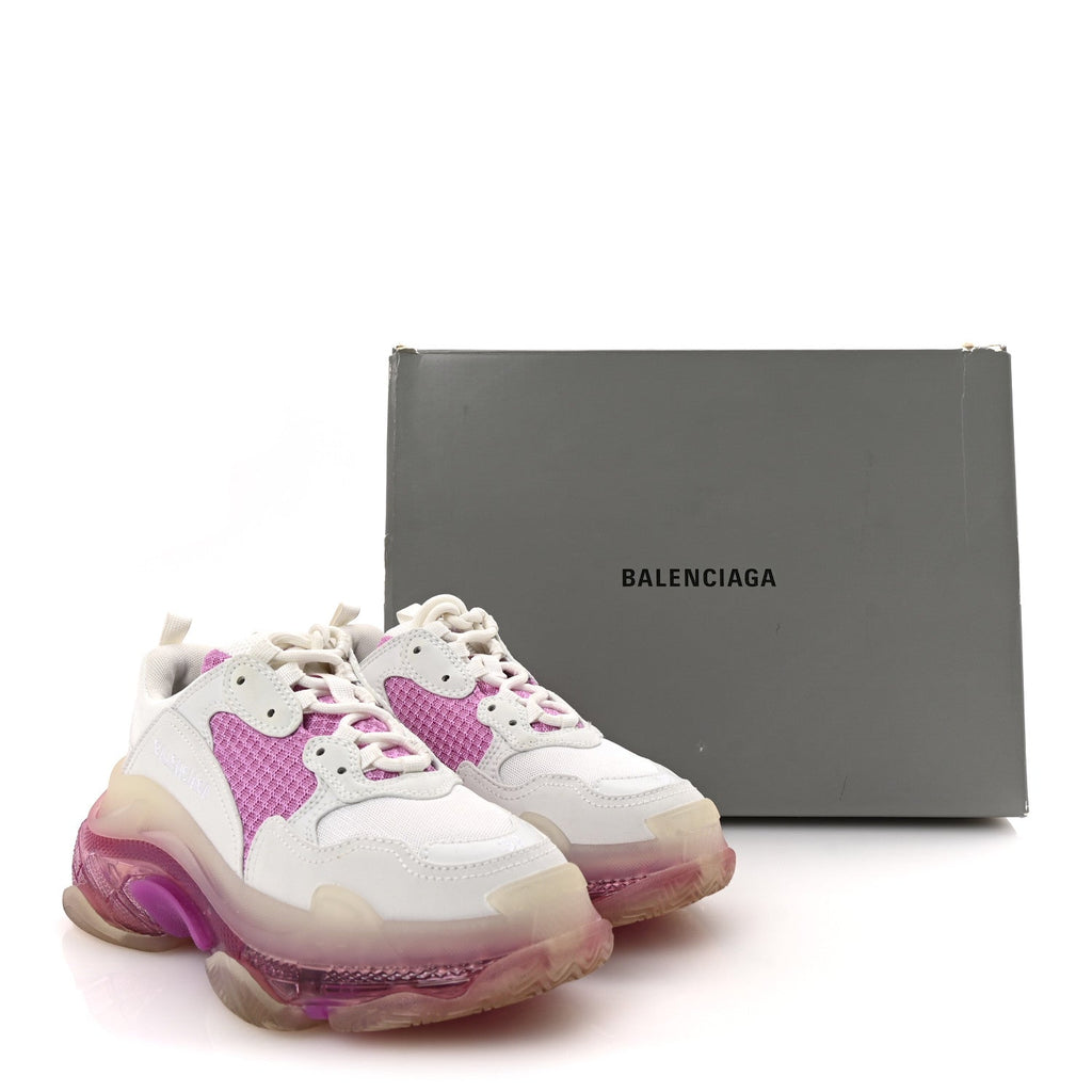 Balenciaga Fabric Mesh Clear Sole Womens Triple S Sneakers 37 White Pink