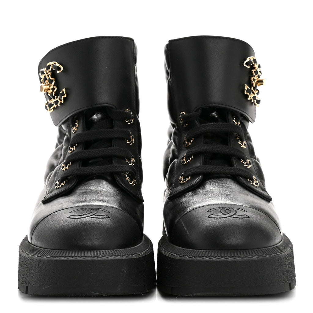 Chanel Lambskin Calfskin Quilted Lace Up Combat Boots 38 Black