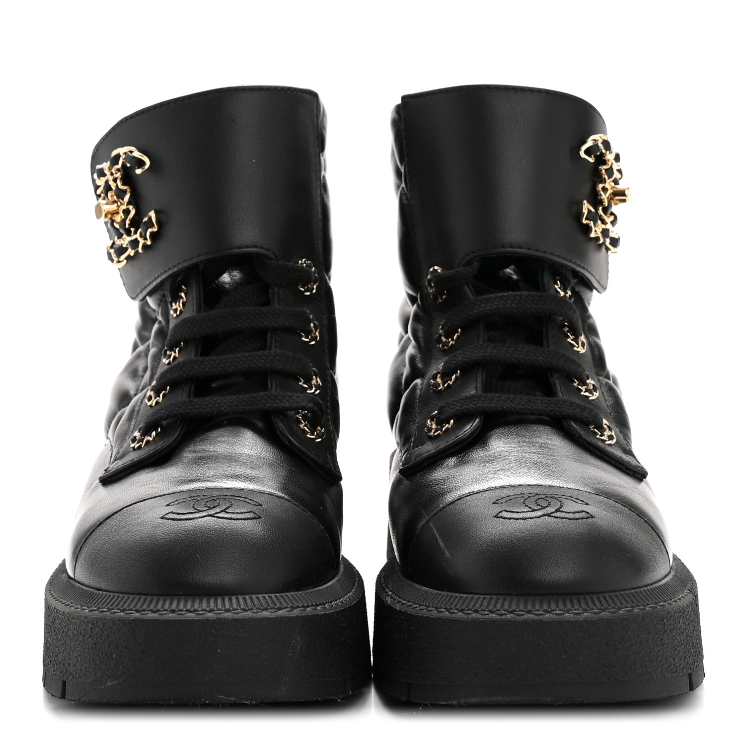 Chanel Lambskin Calfskin Quilted Lace Up Combat Boots 38 Black