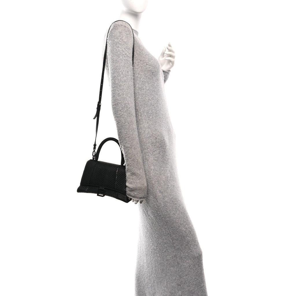 Balenciaga Matte Calfskin Snake Embossed Tonal B Small Hourglass Top Handle Bag Black