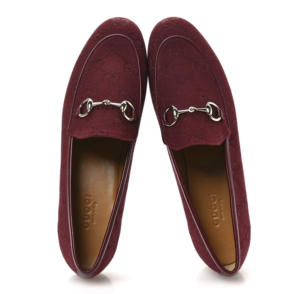 Gucci New Canvas GG Monogram Malaga Kid Horsebit Womens Jordaan Loafers 36.5 Rosso Ancora