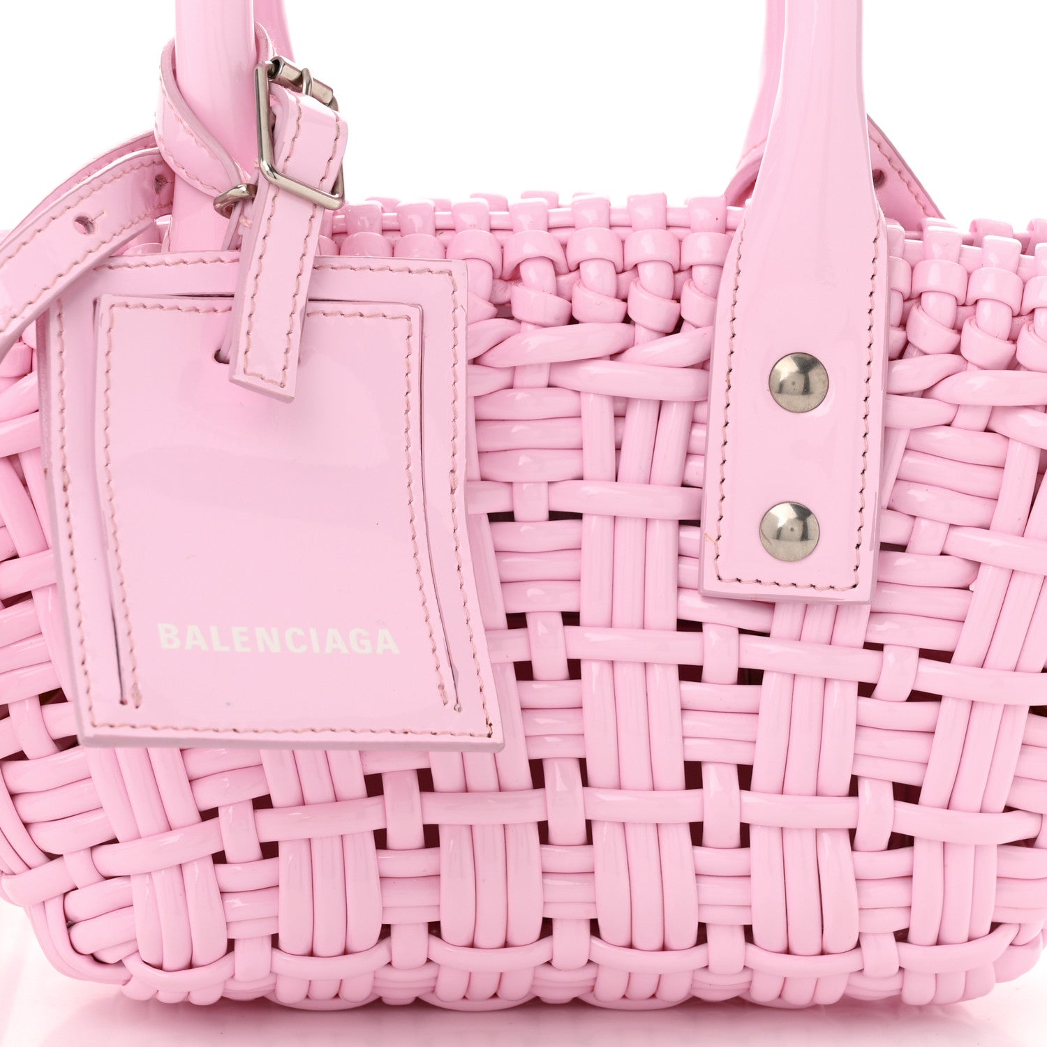 Balenciaga Faux Calfskin Braided Varnished XXS Bistro Basket Candy Pink