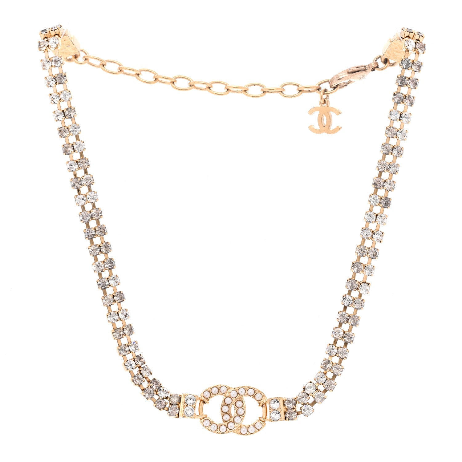 Chanel Crystal Pearl CC Choker Necklace Gold