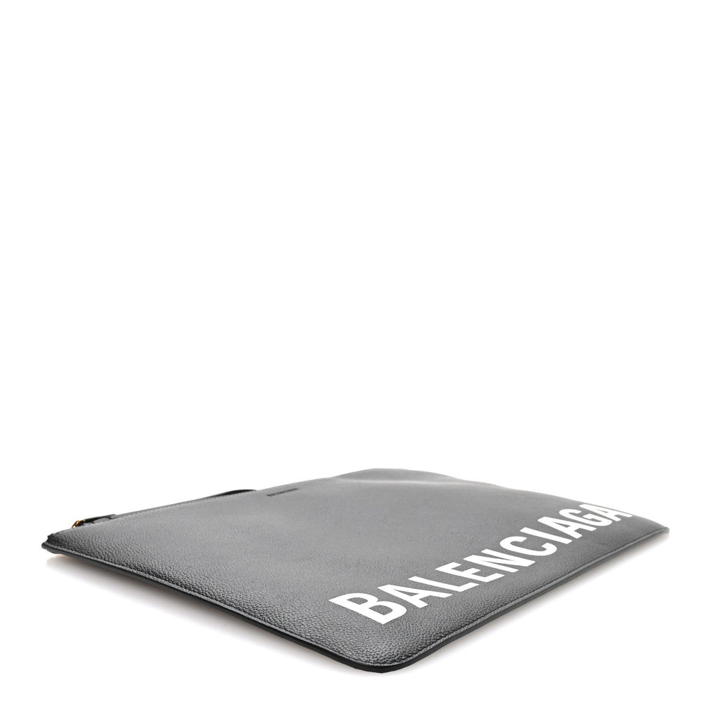 Balenciaga Calfskin Logo Large Cash Pouch With Handle Black White