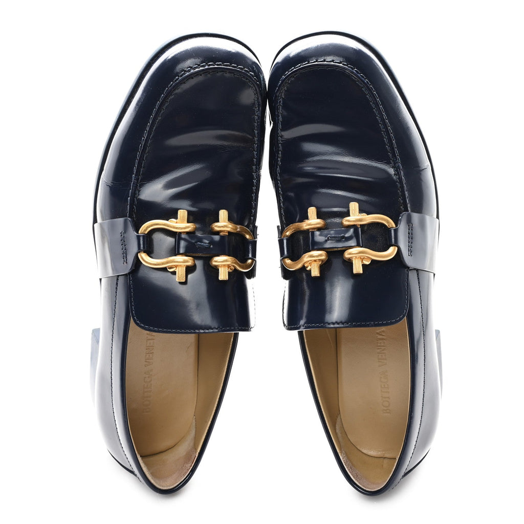 Bottega Veneta Glossy Calfskin Monsieur Loafers 40.5 Navy Blue