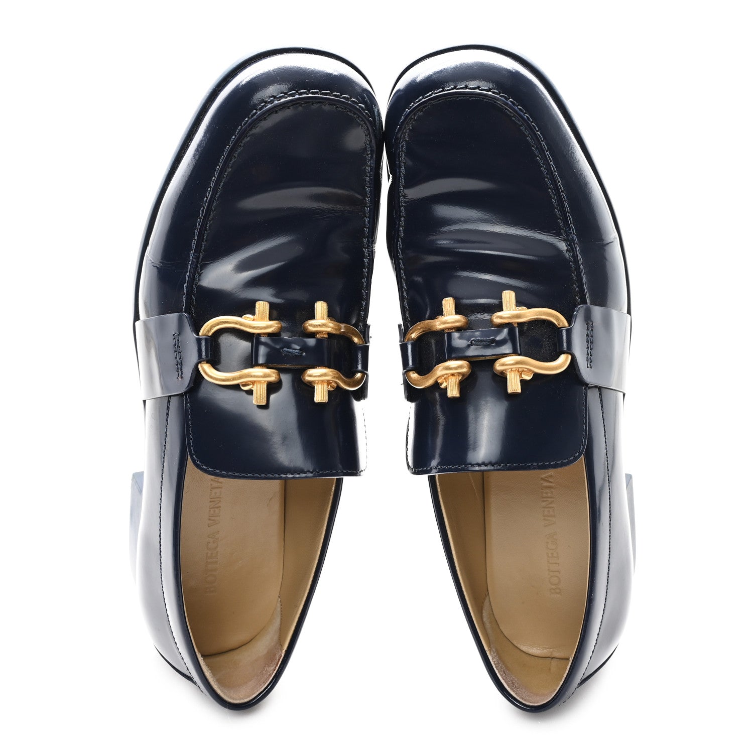 Bottega Veneta Glossy Calfskin Monsieur Loafers 40.5 Navy Blue