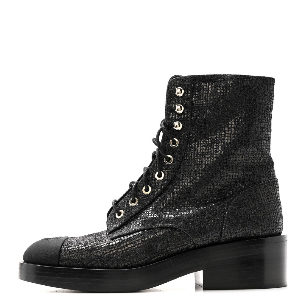 Chanel Fabric Crossgrain Cap Toe Combat Boots 38.5 Black
