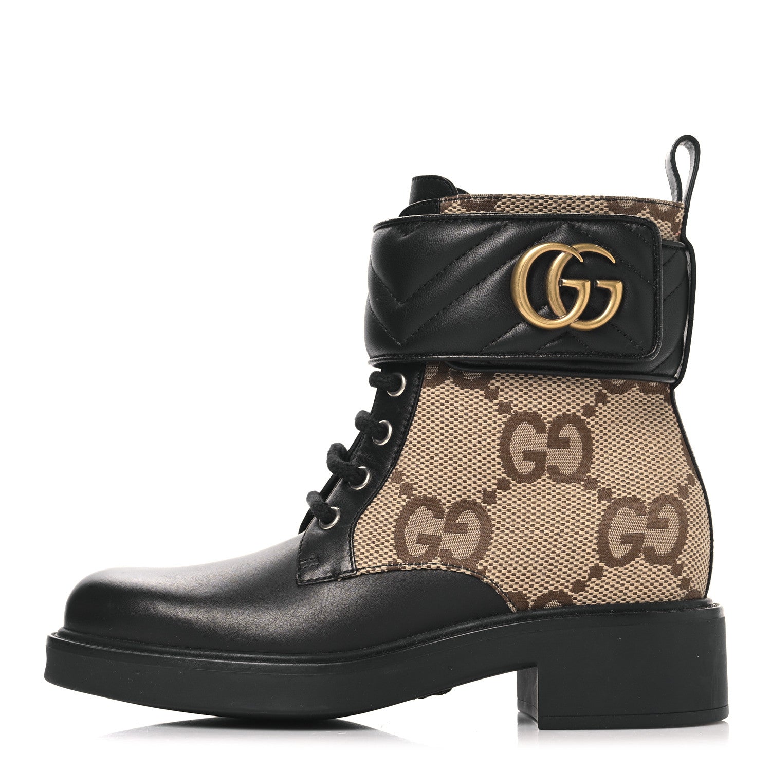 Gucci Flores Calfskin Monogram Maxi GG Nappa Matelasse Double G 40mm Ankle Boots 35.5 Black Camel Ebony