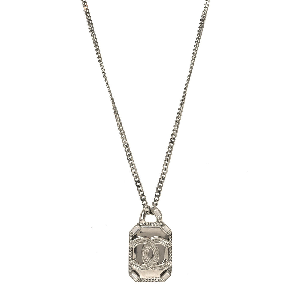 Chanel Crystal Baguette CC Mirror Pendant Necklace Silver