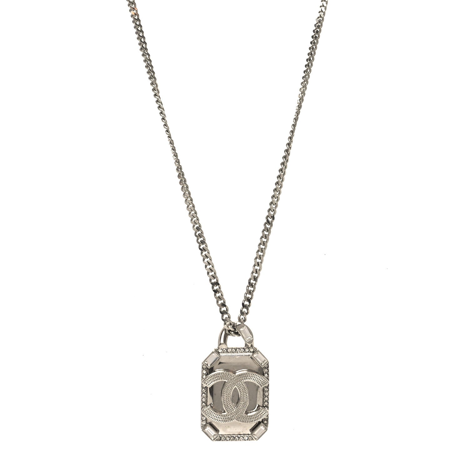 Chanel Crystal Baguette CC Mirror Pendant Necklace Silver