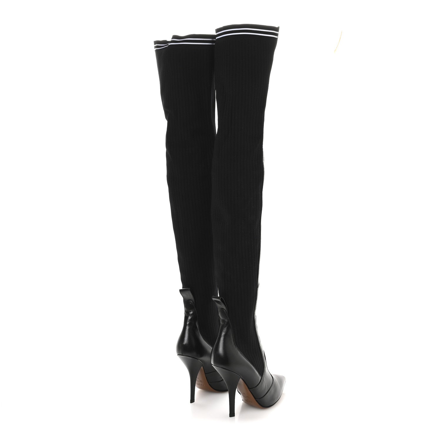 Fendi Vitello Lucido Stretch Fabric Striped Rockoko Thigh High 105mm Sock Boots 38 Black