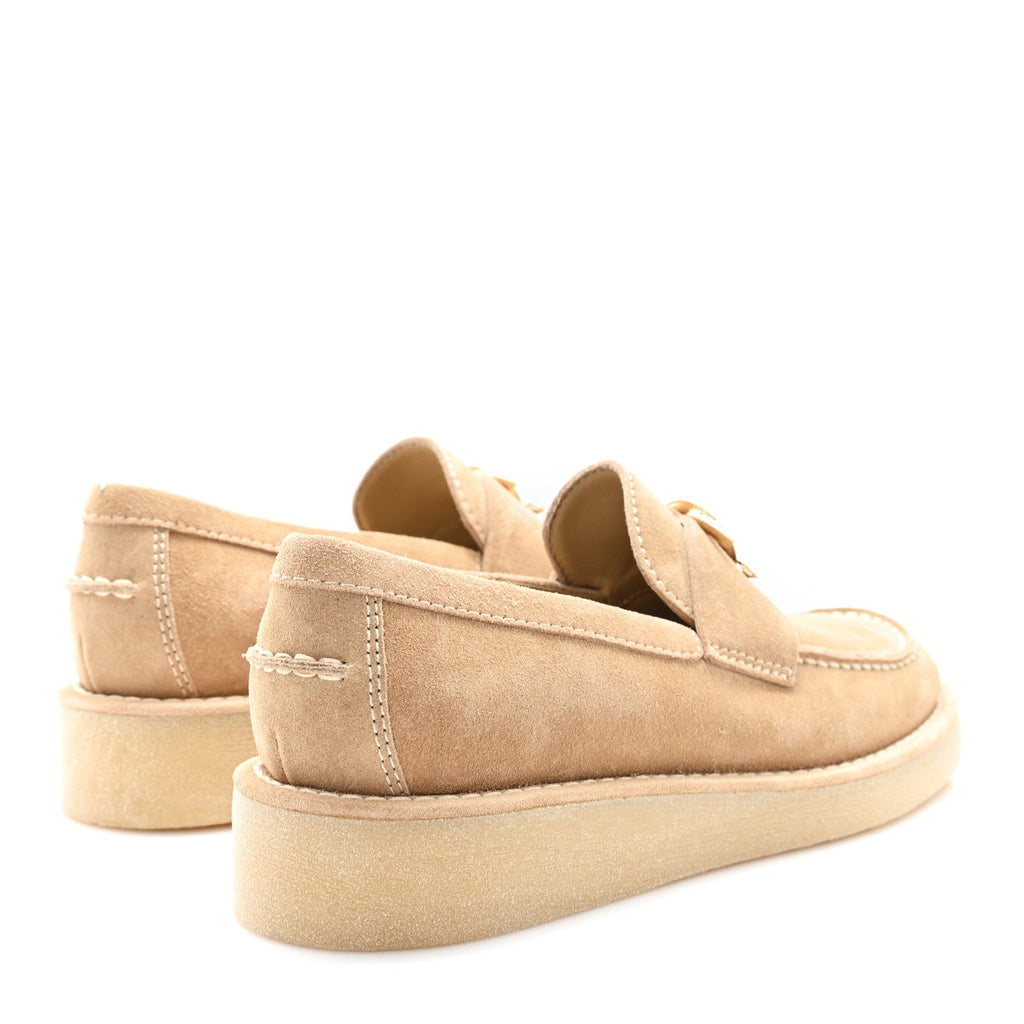 Chanel Suede Calfskin Pearl CC Moccasin Loafers 36.5 Dark Beige