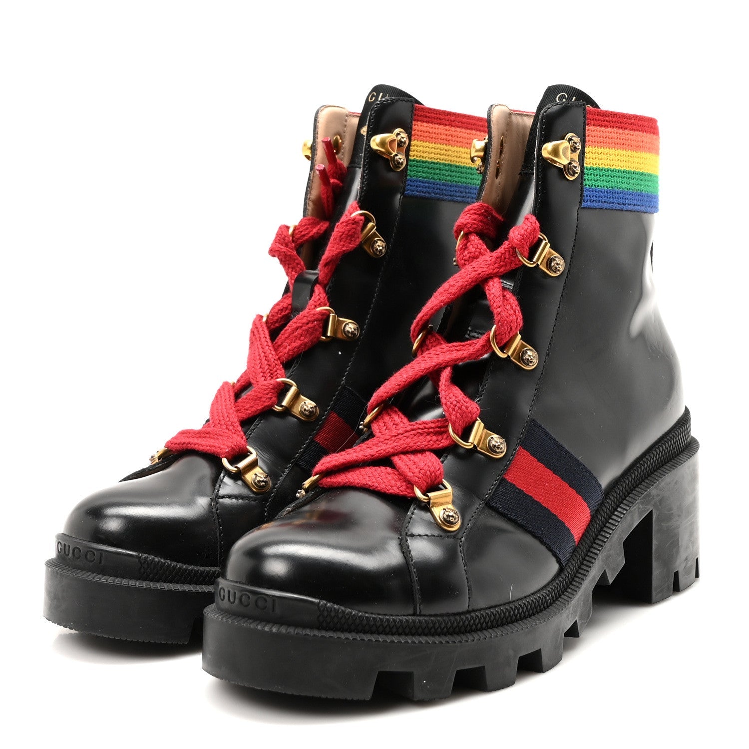 Gucci Calfskin Rainbow Trip Lace Up Combat Boots 36 Black