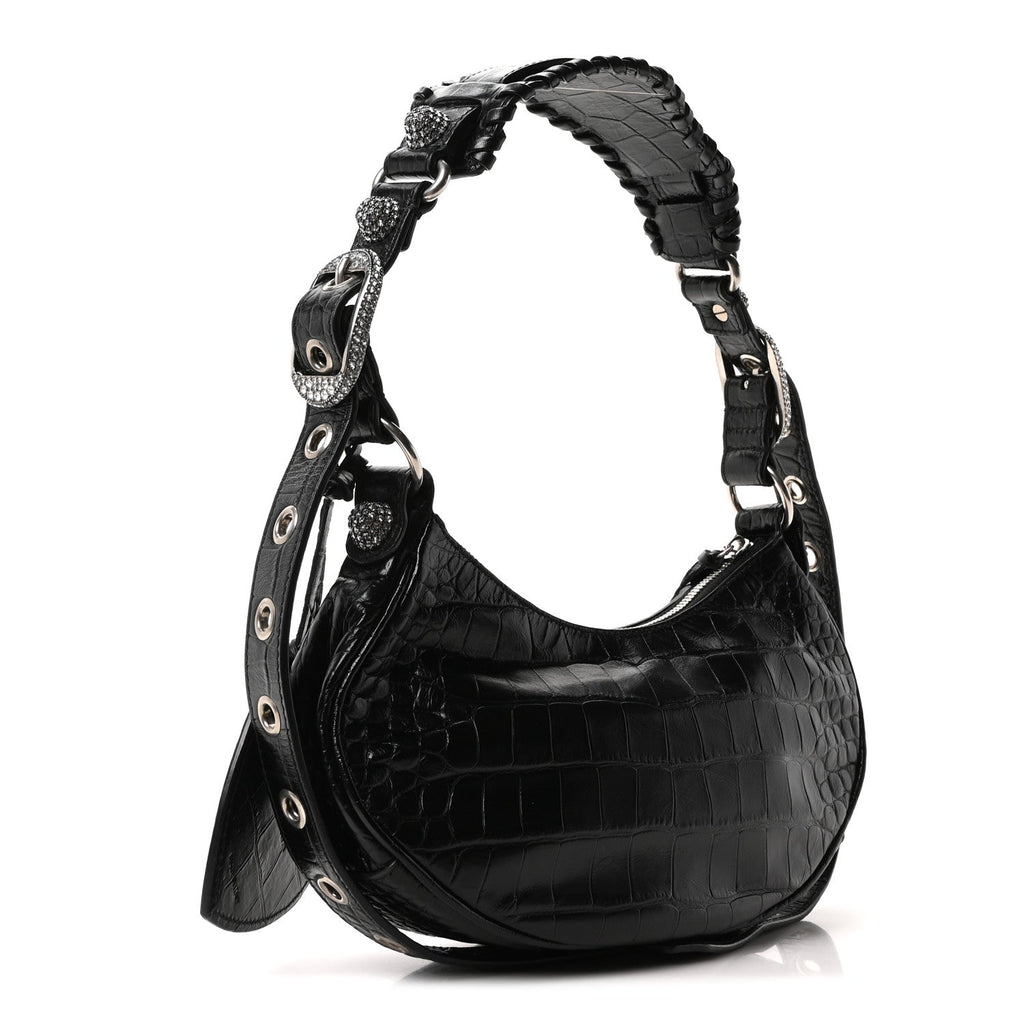 Balenciaga Extra Supple Calfskin Crystal Crocodile Embossed Le Cagole Shoulder Bag XS Black