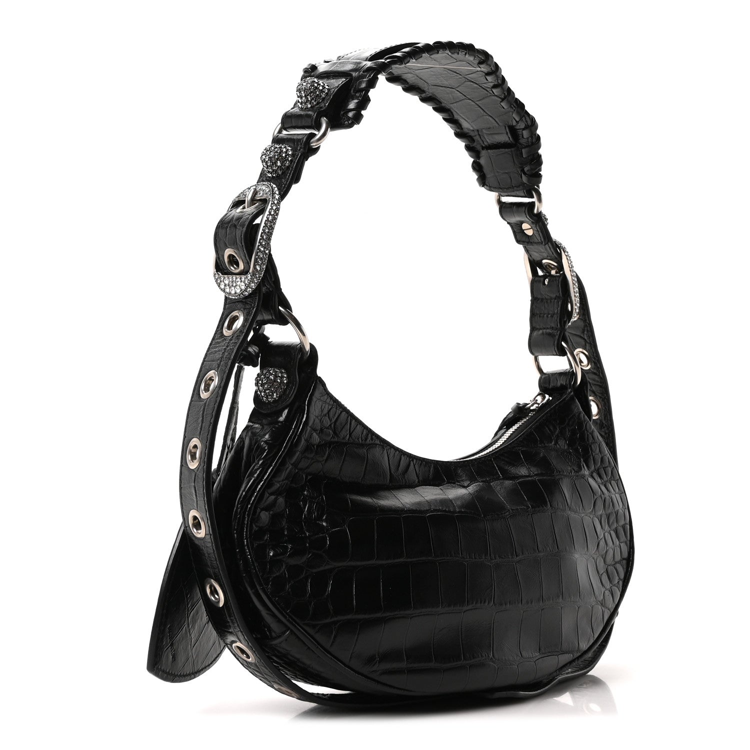 Balenciaga Extra Supple Calfskin Crystal Crocodile Embossed Le Cagole Shoulder Bag XS Black