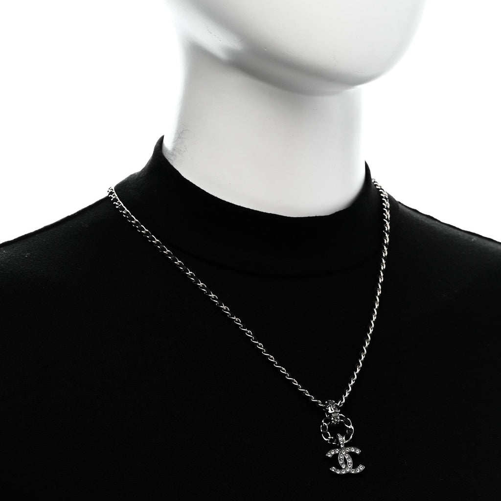 Chanel Lambskin Crystal Chain Choker Necklace Silver Black