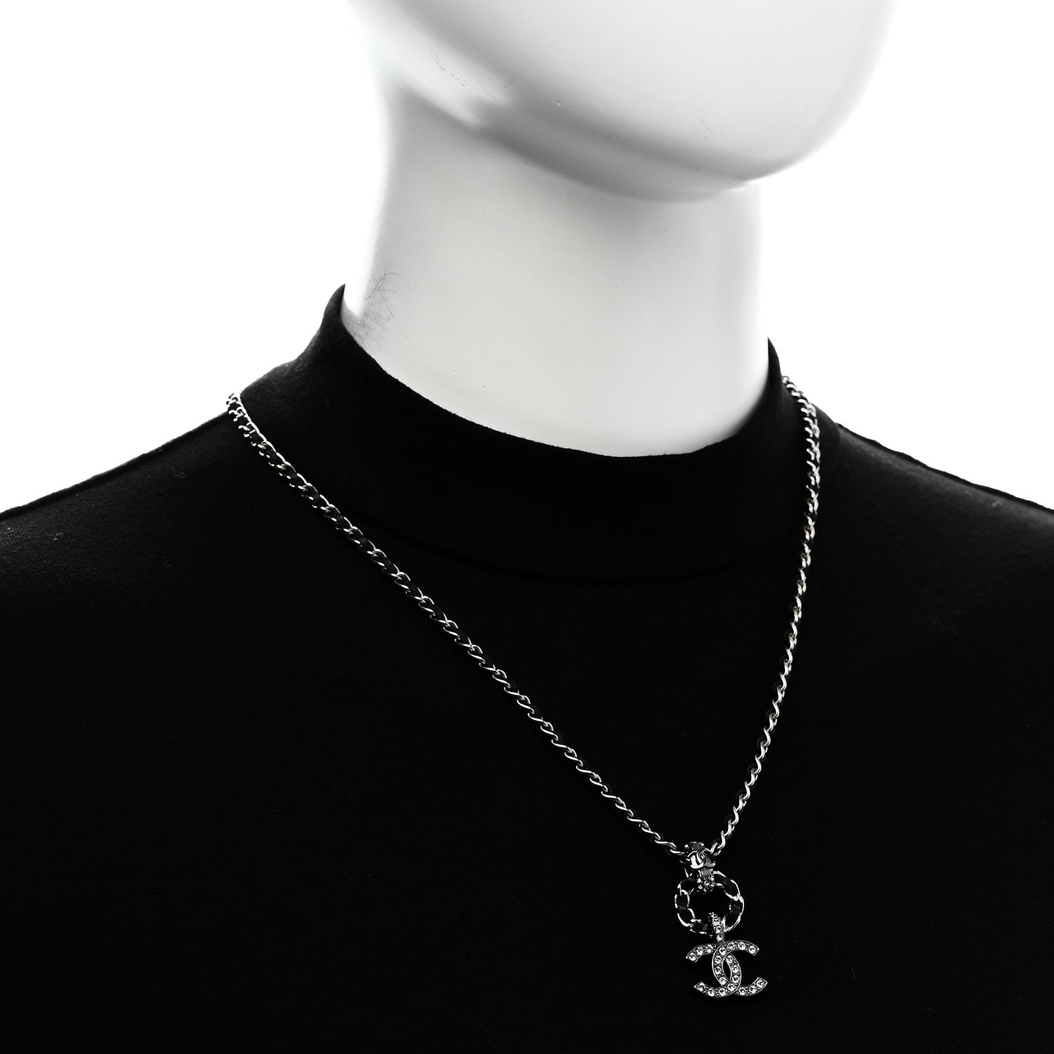 Chanel Lambskin Crystal Chain Choker Necklace Silver Black