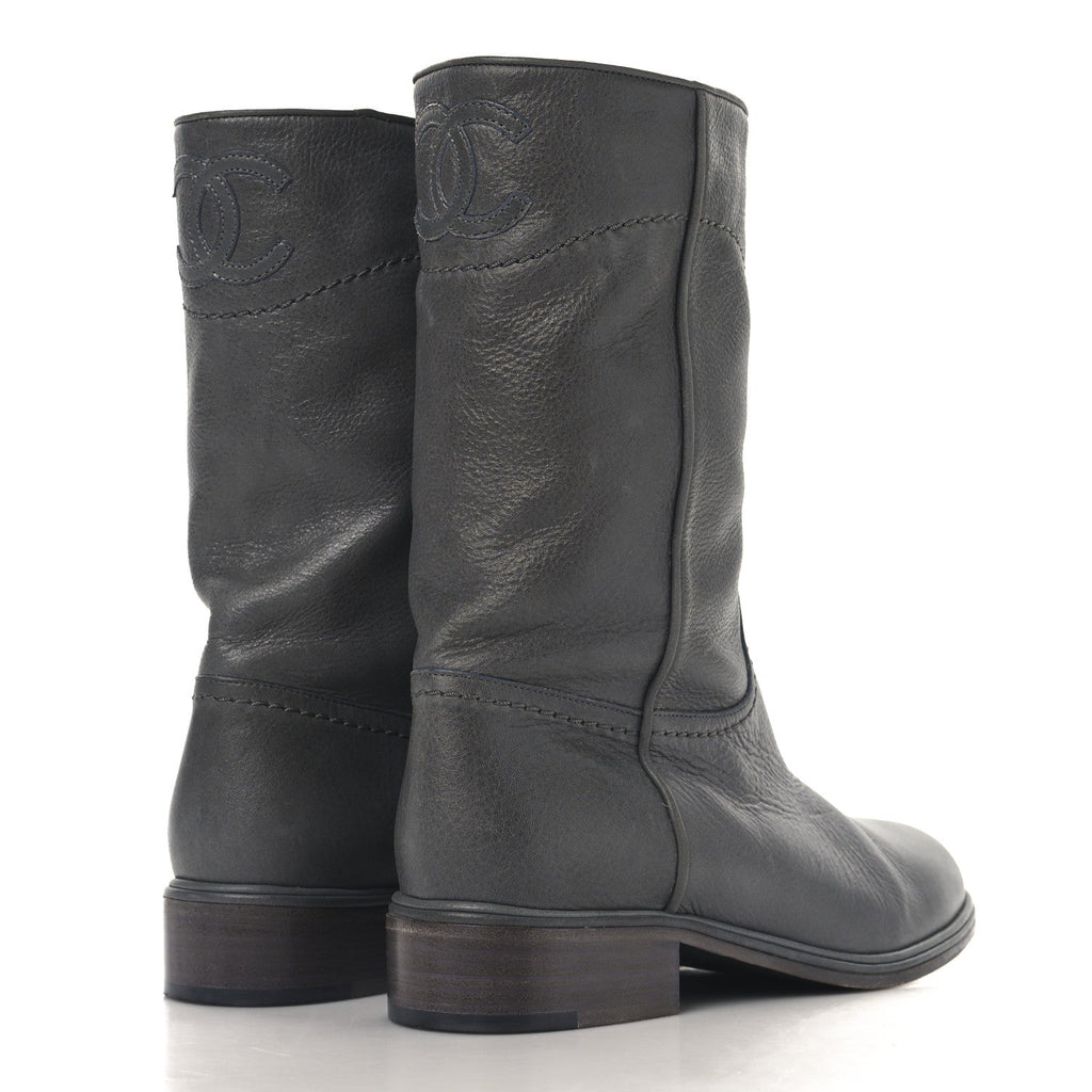 Chanel Calfskin Ascot CC Boots 37.5 Gray