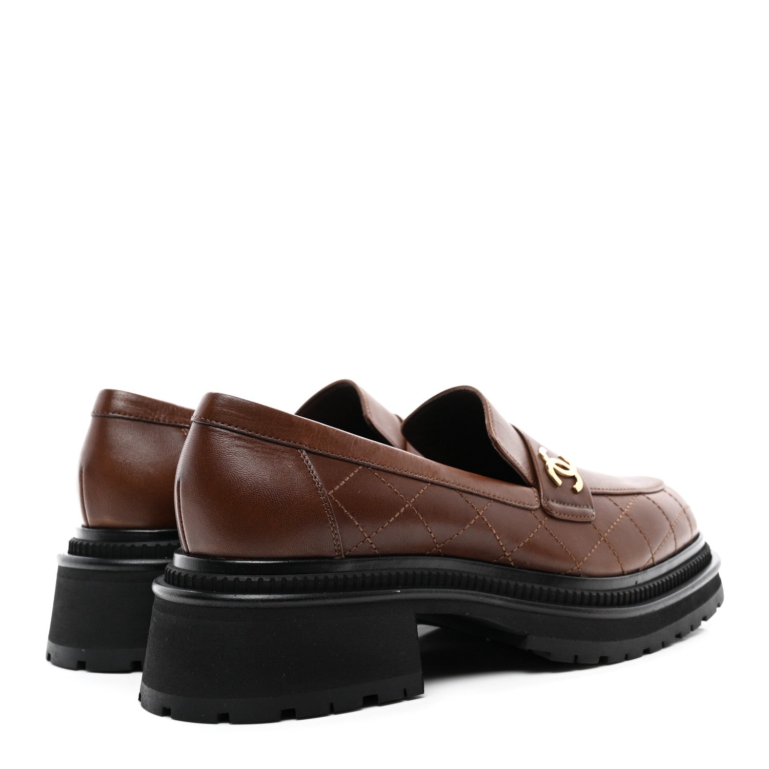 Chanel Calfskin Quilted CC Mocassin Loafers 42 Brown