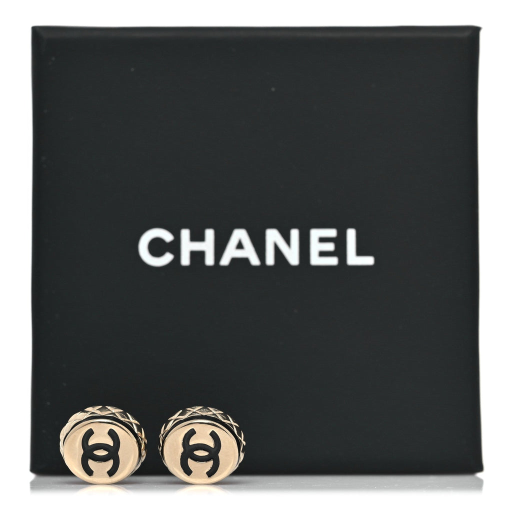 Chanel Metal Enamel Quilted CC Stud Earrings Gold Black