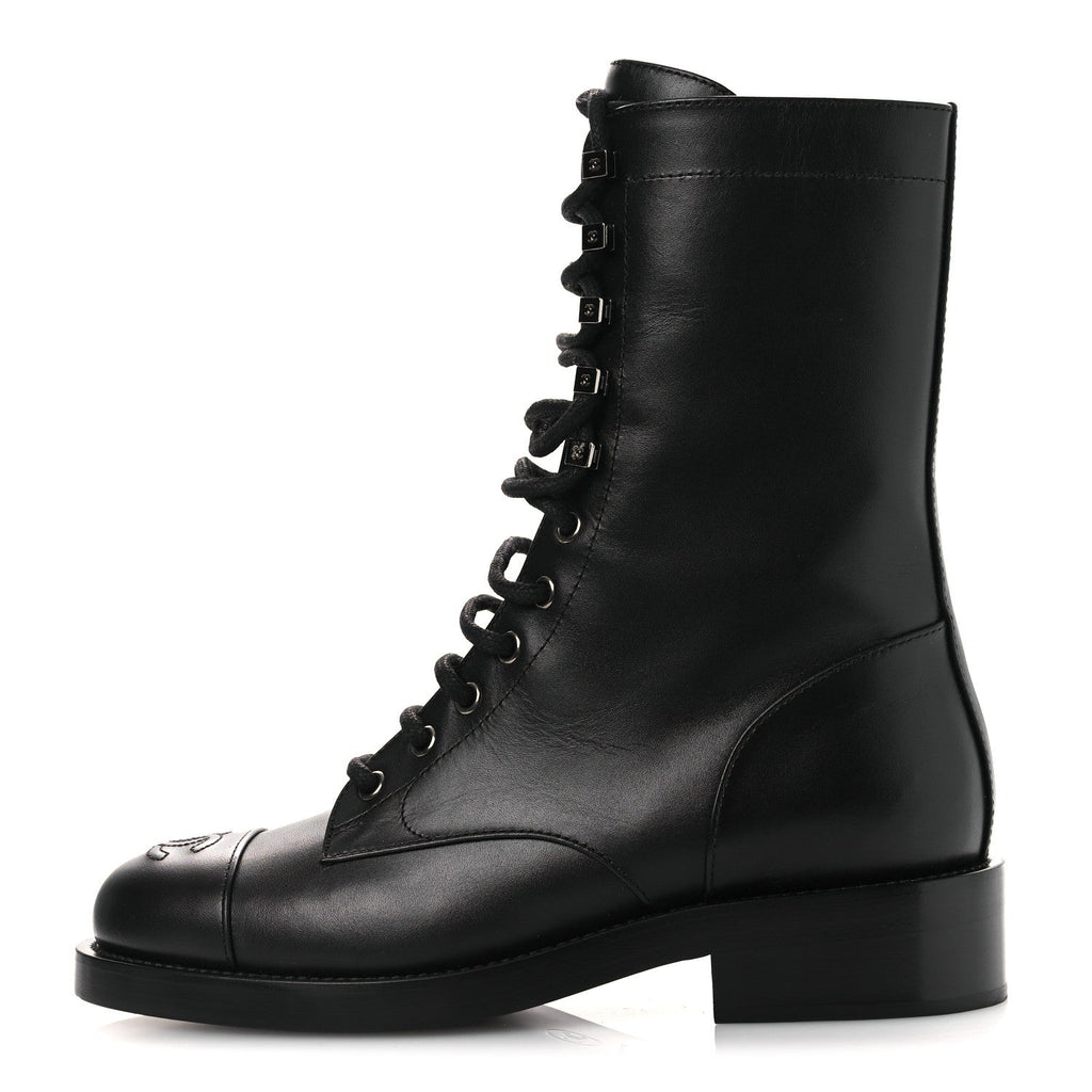 Chanel Calfskin Cap Toe Lace Up Combat Boots 37.5 Black