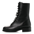 Chanel Calfskin Cap Toe Lace Up Combat Boots 37.5 Black