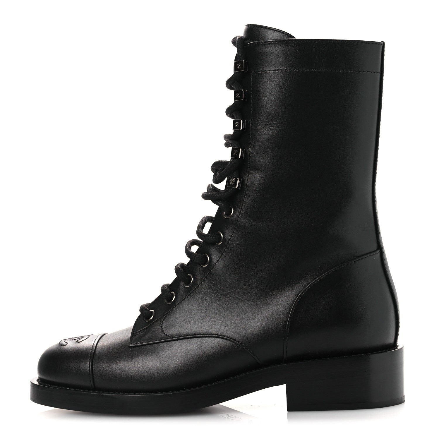 Chanel Calfskin Cap Toe Lace Up Combat Boots 37.5 Black
