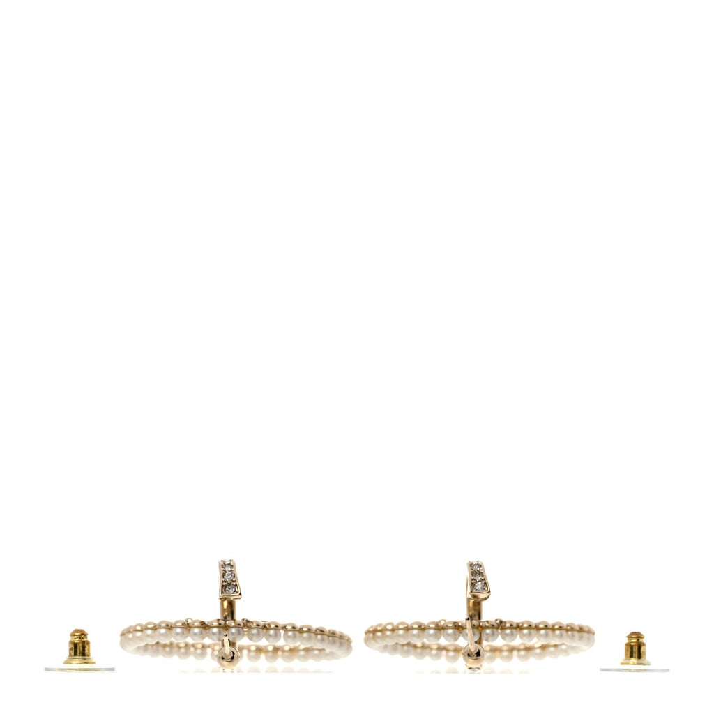 Chanel Crystal Pearl CC Door Knocker Hoop Earrings Gold Pearly White