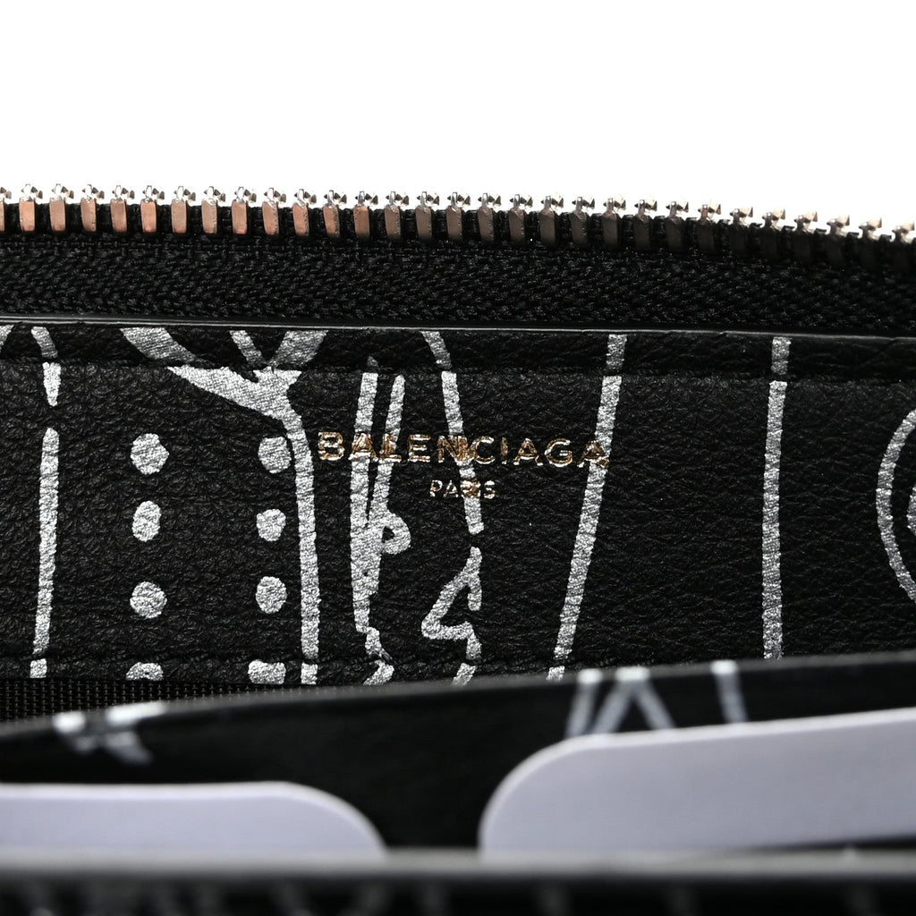 Balenciaga Calfskin Classic Silver Hardware Printed Tattoo Everyday Continental Zip Around Wallet Black