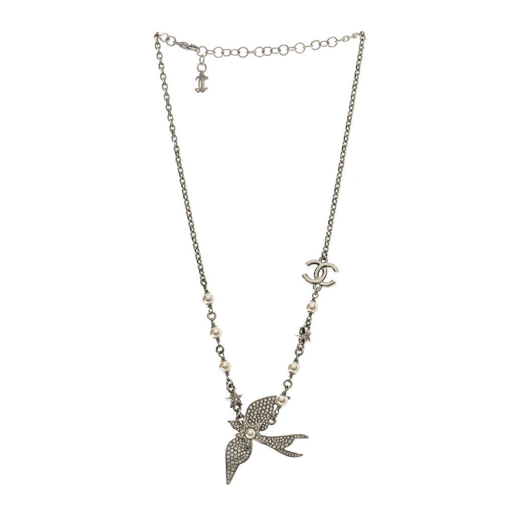 Chanel Pearl Crystal CC Star Bird Necklace Silver Pearly White
