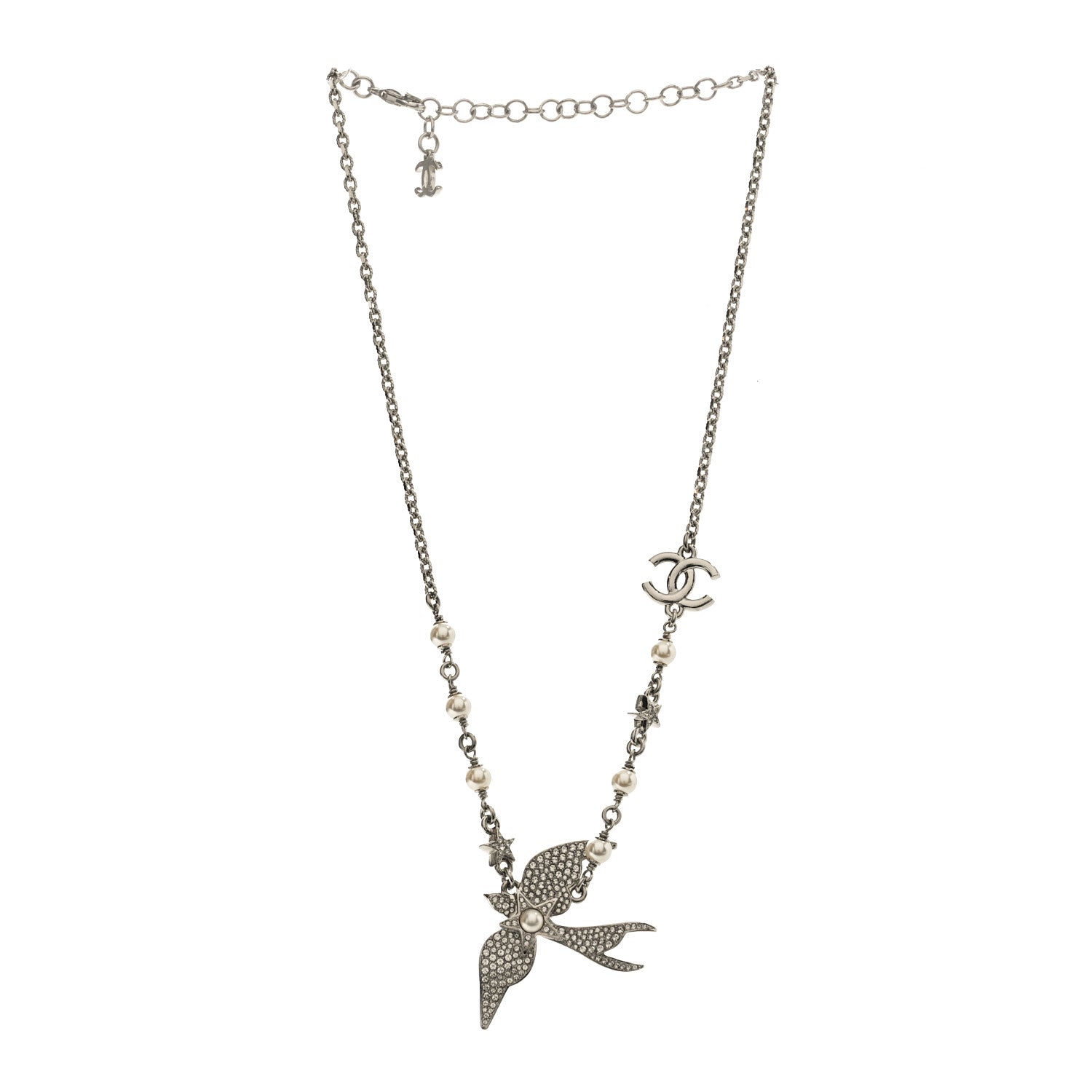 Chanel Pearl Crystal CC Star Bird Necklace Silver Pearly White