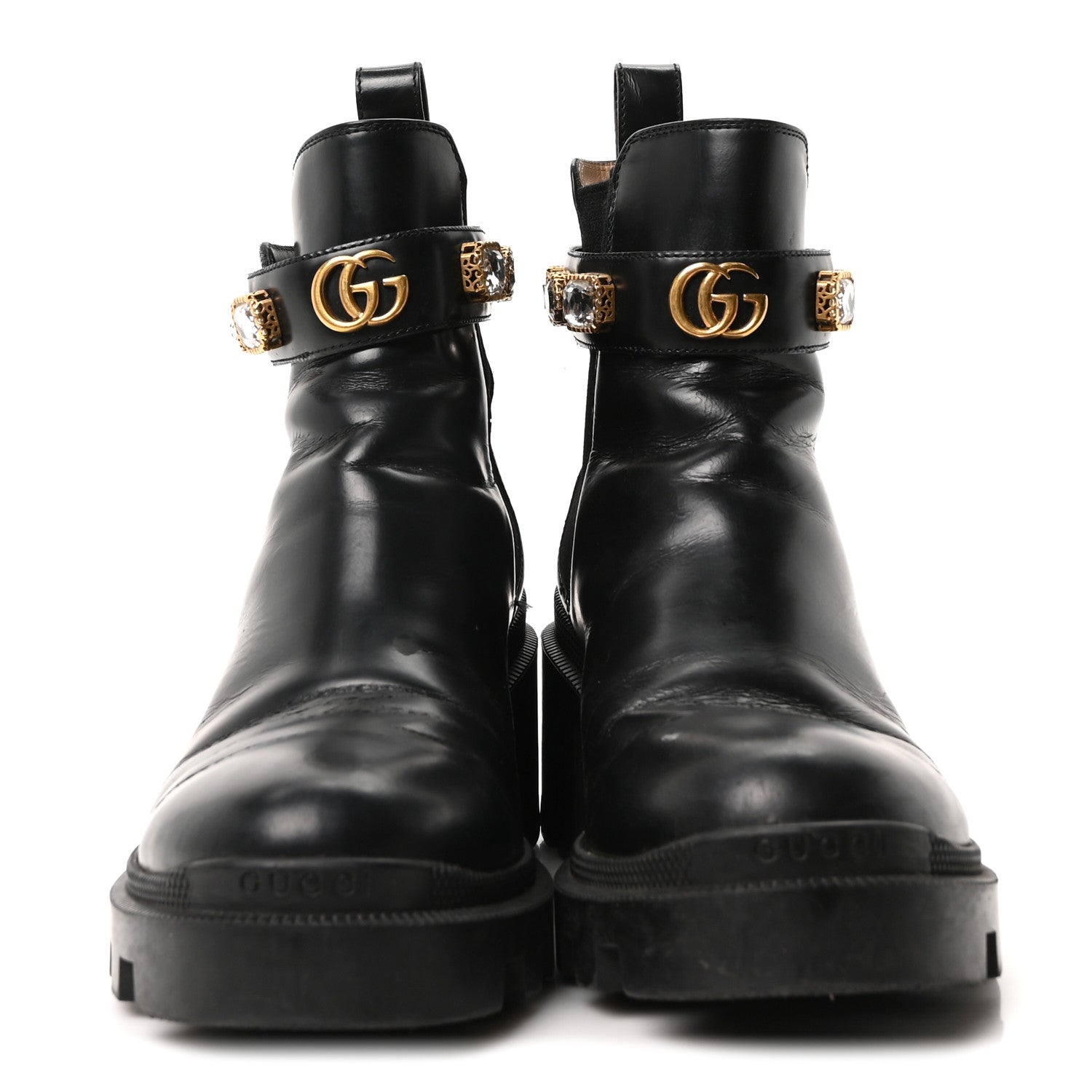 Gucci Calfskin Crystal GG Trip Chelsea Ankle Boots 38 Black