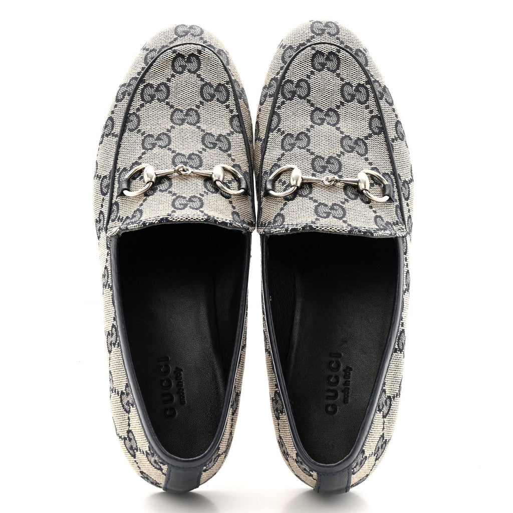 Gucci Monogram Malaga Kid Horsebit Womens Jordaan Loafers 36 Beige Blue