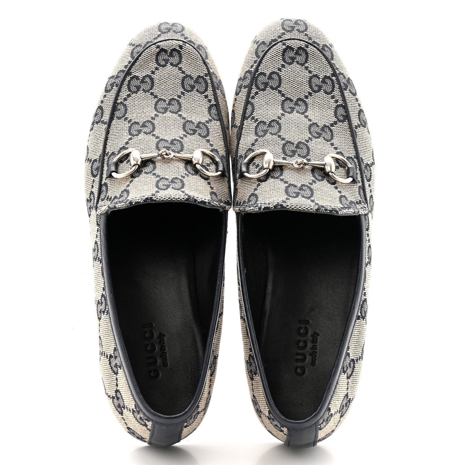Gucci Monogram Malaga Kid Horsebit Womens Jordaan Loafers 36 Beige Blue