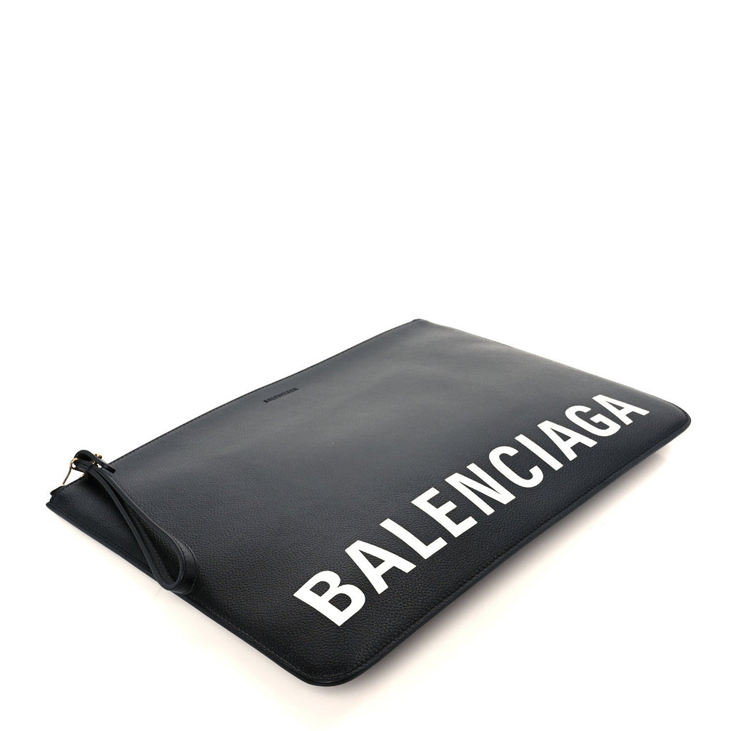 Balenciaga Calfskin Logo Large Cash Pouch With Handle Black White