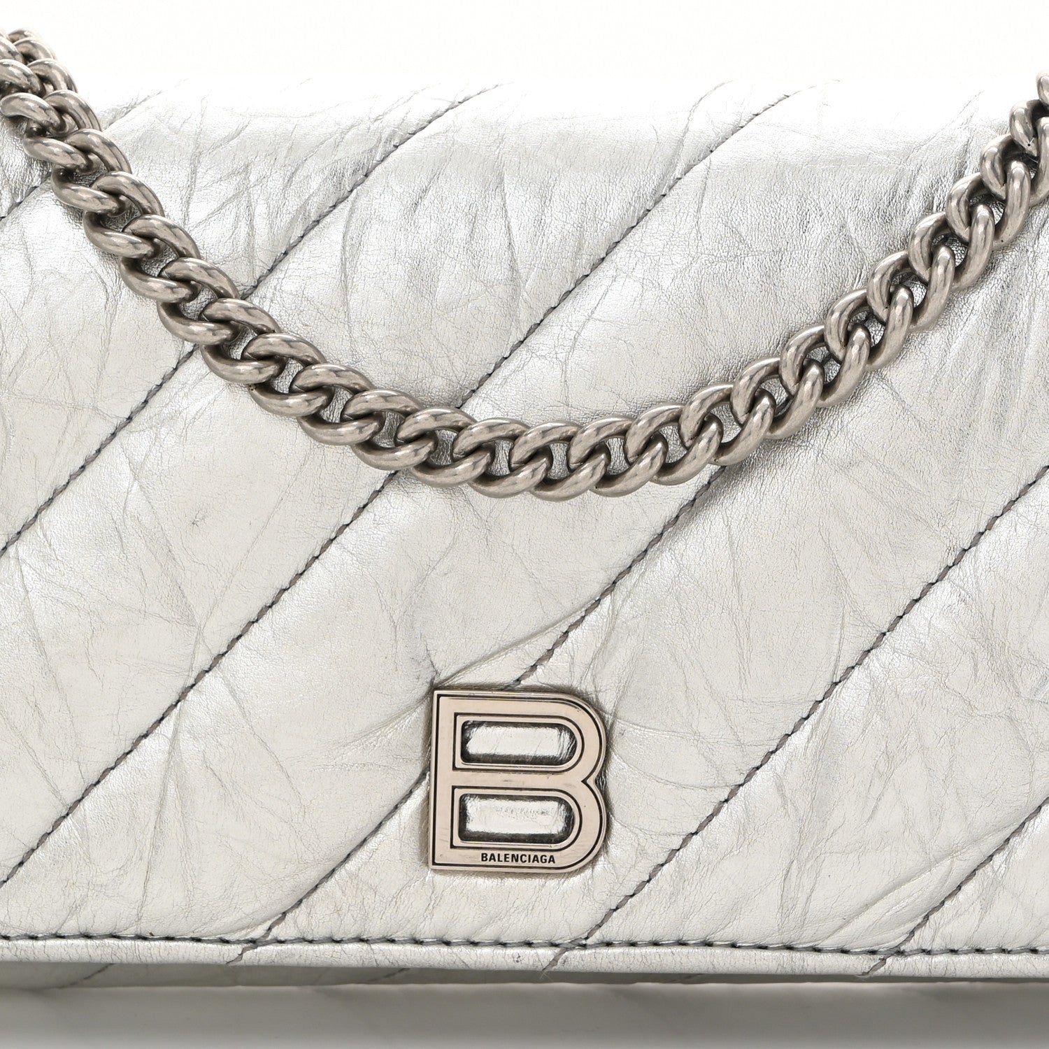 Balenciaga Metallic Calfskin Quilted Crush Wallet On Chain Silver